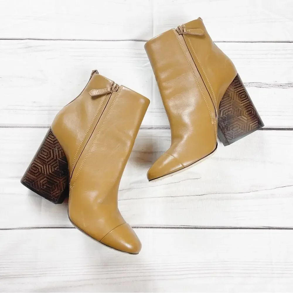Tory Burch Women's Grove Cap Toe‎ Tan Block Heels Toe Boots Size 8